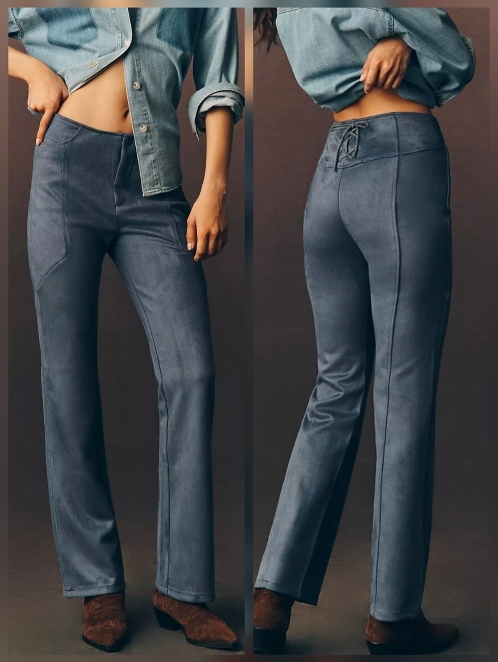 NWT By Anthropologie Blue Faux Suede Slim Boot Flare Pants Size 0